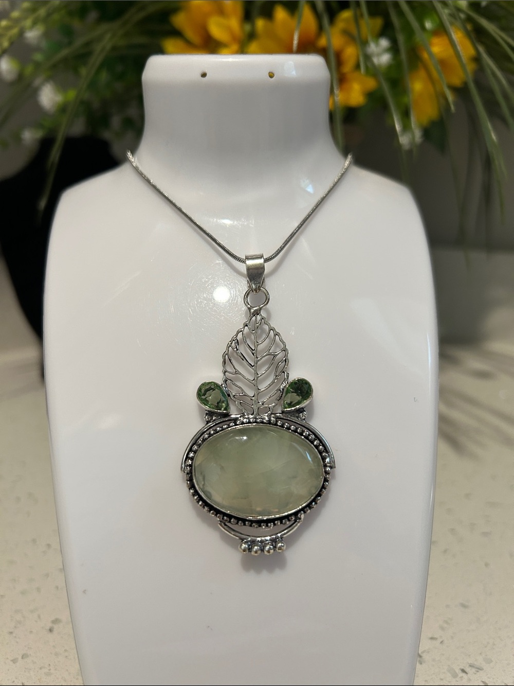 Prehnite & Peridot Gemstone Leaf Pendant Necklace
